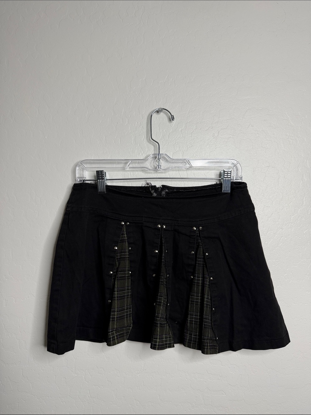 Black Mini Skirt with Green Plaid Inset